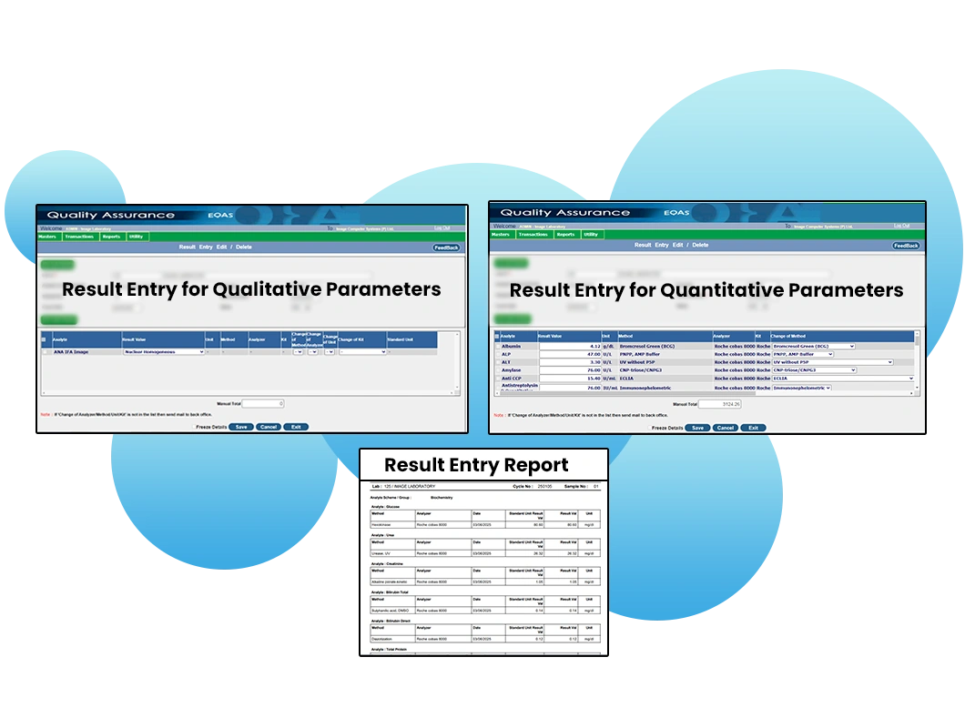 Laboratory quality management system showing result entry for qualitative and quantitative parameters with detailed result entry report.